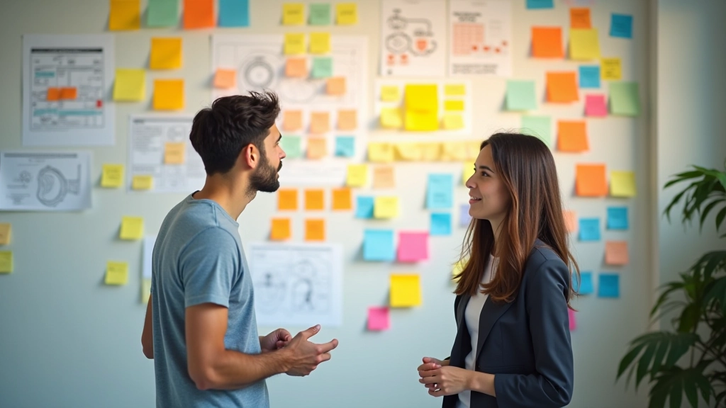Creative brainstorming session with colorful sticky notes and concept maps on a large wall, diverse team collaborating