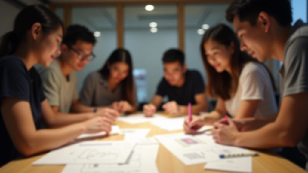 Design thinking workshop session with participants working on prototypes and design sketches