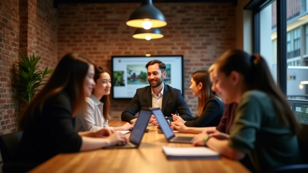 Modern startup office space with exposed brick, young entrepreneurs collaborating at a large table with laptops and notebooks