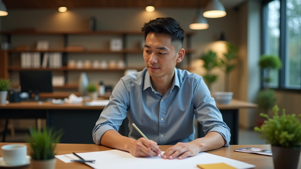Person sitting at a desk surrounded by creative materials, sketches, and personal development books with a thoughtful expression